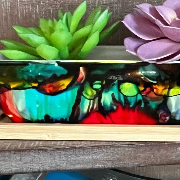 Hand-Painted Ceramic Succulent Planter with Bamboo Tray - Picture 8 of 8